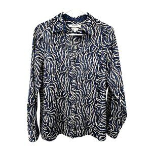 Foxcroft No-Iron Shirt Women's 14 Blue Black White Print Long Sleeve Used
